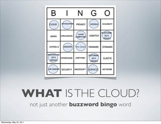 WHAT IS THE CLOUD?
                          not just another buzzword bingo word

Wednesday, May 25, 2011
 