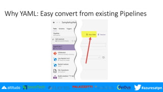 #azuresatpn
Why YAML: Easy convert from existing Pipelines
 