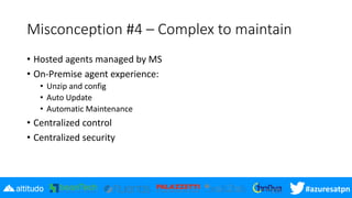 #azuresatpn
Misconception #4 – Complex to maintain
• Hosted agents managed by MS
• On-Premise agent experience:
• Unzip and config
• Auto Update
• Automatic Maintenance
• Centralized control
• Centralized security
 