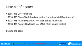 #azuresatpn
Litte bit of history
• 2005: TFS CI === MsBuild
• 2010: TFS CI === Workflow Foundation (complex and difficult to use)
• 2015: TFS / Azure DevOps CI === Web Editor, Task based
• 2018: TFS / Azure DevOps CI === YAML file in source control.
Back to the basic
 
