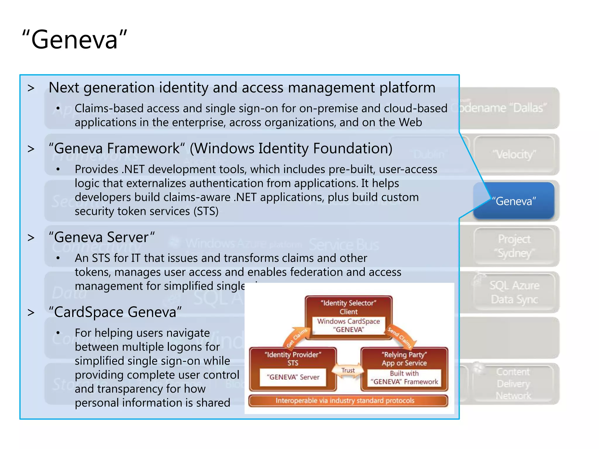 “Geneva”
> Next generation identity and access management platform
•

Claims-based access and single sign-on for on-premise and cloud-based
applications in the enterprise, across organizations, and on the Web

> “Geneva Framework“ (Windows Identity Foundation)
•

Provides .NET development tools, which includes pre-built, user-access
logic that externalizes authentication from applications. It helps
developers build claims-aware .NET applications, plus build custom
security token services (STS)

> “Geneva Server“
•

An STS for IT that issues and transforms claims and other
tokens, manages user access and enables federation and access
management for simplified single sign-on

> “CardSpace Geneva”
•

For helping users navigate
between multiple logons for
simplified single sign-on while
providing complete user control
and transparency for how
personal information is shared

“Geneva”

 