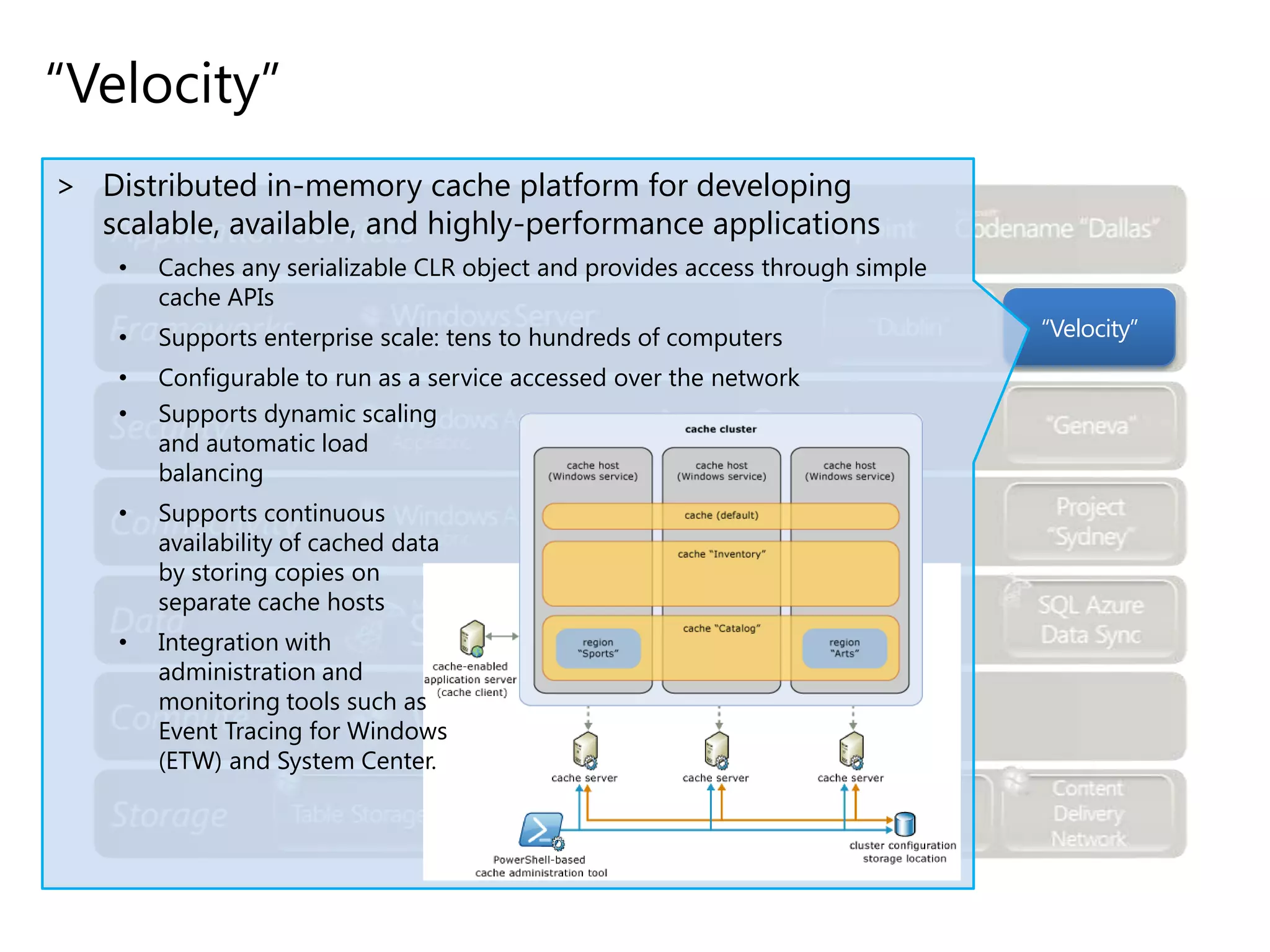 “Velocity”
> Distributed in-memory cache platform for developing
scalable, available, and highly-performance applications
•

Caches any serializable CLR object and provides access through simple
cache APIs

•

Supports enterprise scale: tens to hundreds of computers

•
•

Configurable to run as a service accessed over the network
Supports dynamic scaling
and automatic load
balancing

•

Supports continuous
availability of cached data
by storing copies on
separate cache hosts

•

Integration with
administration and
monitoring tools such as
Event Tracing for Windows
(ETW) and System Center.

“Velocity”

 