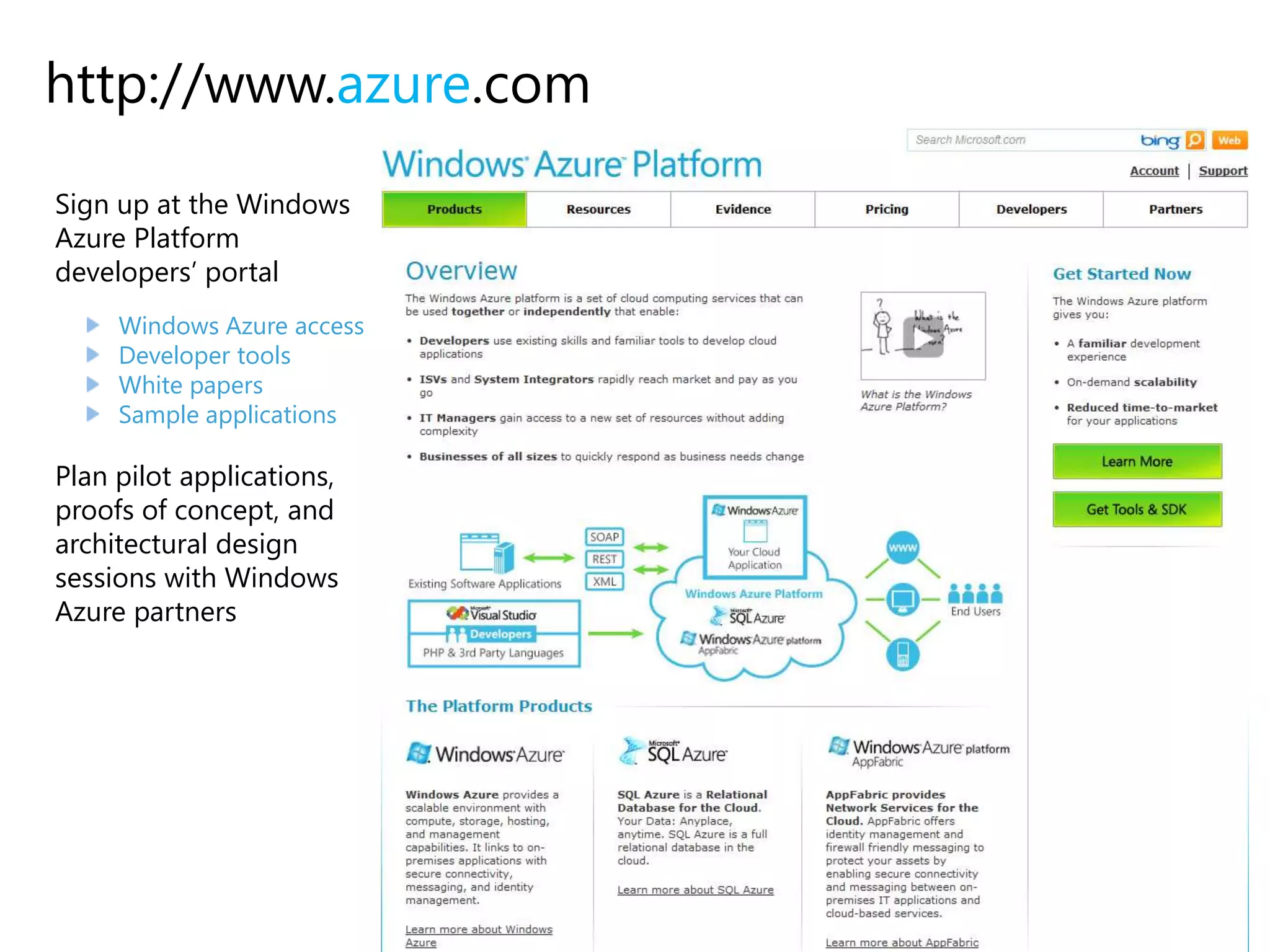 http://www.azure.com
Sign up at the Windows
Azure Platform
developers‟ portal
Windows Azure access
Developer tools
White papers
Sample applications

Plan pilot applications,
proofs of concept, and
architectural design
sessions with Windows
Azure partners

 