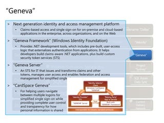 “Velocity”Distributed in-memory cache platform for developing scalable, available, and highly-performance applicationsCaches any serializable CLR object and provides access through simple cache APIsSupports enterprise scale: tens to hundreds of computersConfigurable to run as a service accessed over the network“Velocity”Supports dynamic scaling and automatic load balancingSupports continuous availability of cached data by storing copies on separate cache hostsIntegration with administration and monitoring tools such as Event Tracing for Windows (ETW) and System Center.