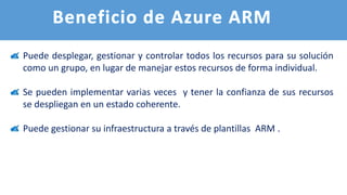 Puede desplegar, gestionar y controlar todos los recursos para su solución
como un grupo, en lugar de manejar estos recursos de forma individual.
Se pueden implementar varias veces y tener la confianza de sus recursos
se despliegan en un estado coherente.
Puede gestionar su infraestructura a través de plantillas ARM .
 