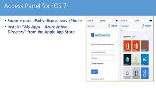 • Soporte para iPad y dispositivos iPhone
• Instalar “My Apps – Azure Active
Directory” from the Apple App Store
Access Panel for iOS 7
 