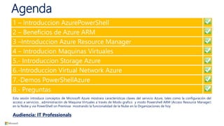 Agenda
Esta sesión introduce conceptos de Microsoft Azure mostrara características claves del servicio Azure, tales como la configuración del
acceso a servicios , administración de Maquina Virtuales a través de Modo grafico y modo Powershell ARM (Access Resource Manager)
en la Nube y via PowerShell on Premisse mostrando la funcionalidad de la Nube en la Organizaciones de hoy
Audiencia: IT Professionals
1 – Introduccion AzurePowerShell
2 – Beneficios de Azure ARM
3 –Introduccion Azure Resource Manager
4 – Introducion Maquinas Virtuales
5.- Introduccion Storage Azure
6.-Introduccion Virtual Network Azure
7.-Demos PowerShellAzure
8.- Preguntas
 