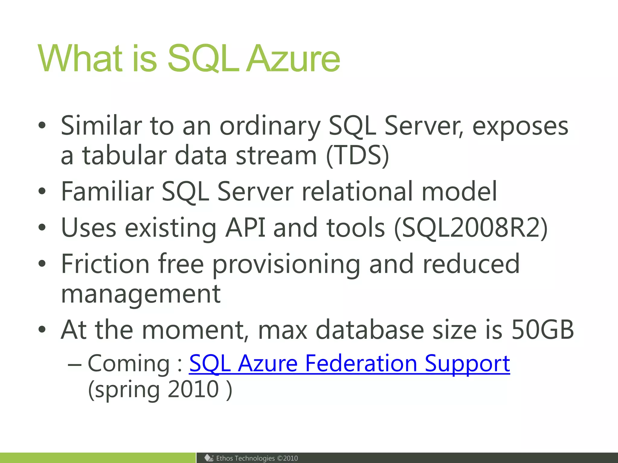 Logging & DiagnosticsLog using Microsoft.WindowsAzure.DiagnosticsThird party librariesEnterprise Library 5.0 supports AzureNLog(http://nlog-project.org/)Ethos has written a plug-in for NLog to send log to Azure logLog4NetSeveral implementations of AzureAppender on the netDiagnostics: Read logs using MMC pluginSystem CenterPowerShell cmdletsDoItYourSelf using Azure APICerebrata AzureDiagnosticsManagerRemote Desktop 