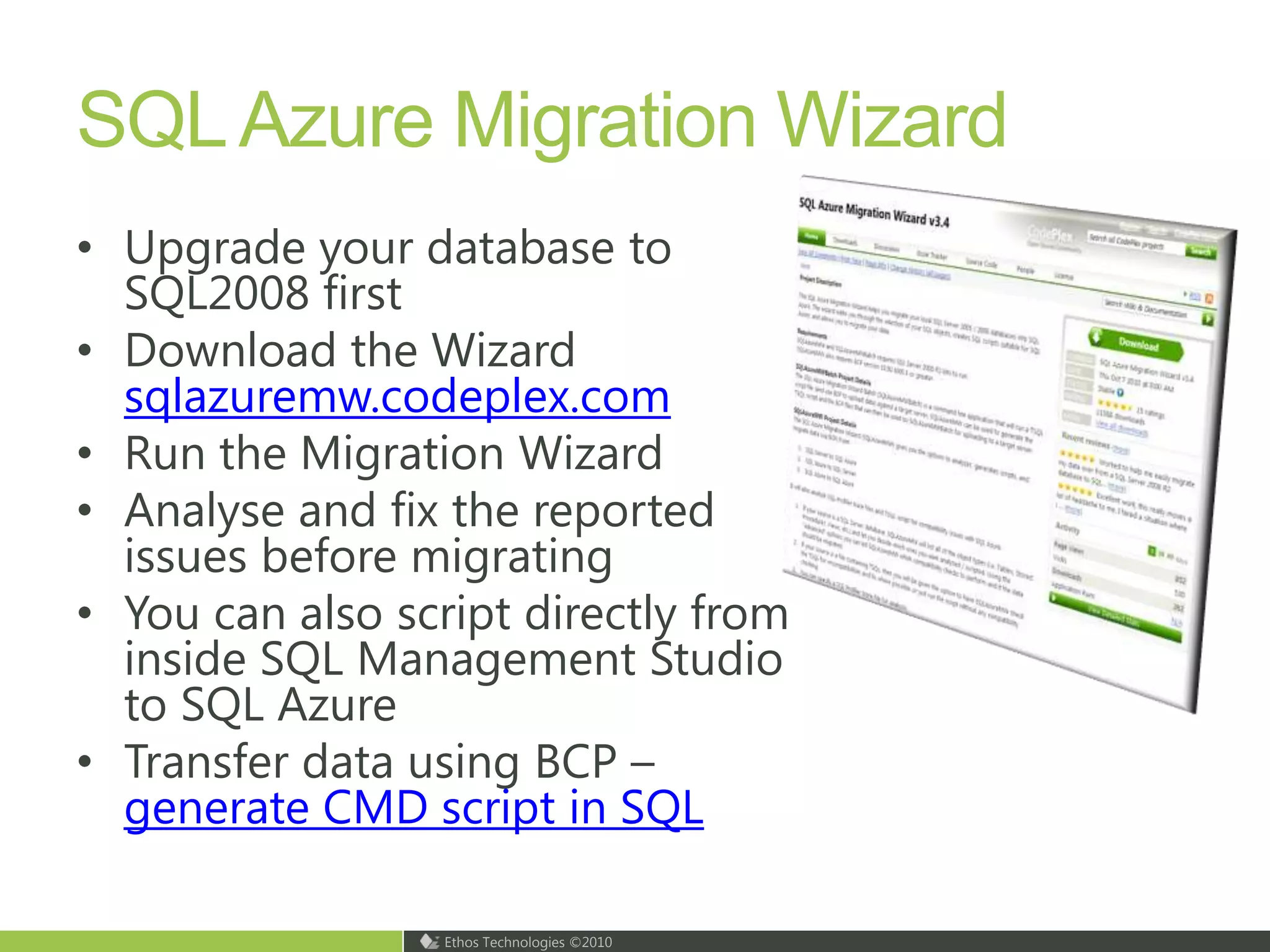 Existing software assetsLegacy system integration using AppFabric and connectorsComing soon: «Windows Azure Connect»With Windows Azure Connect, you can configure IPsec protected connections between computers or virtual machines (VMs) in your organization’s network, and roles running in Windows AzureMicrosoft Sync FrameworkVM Role