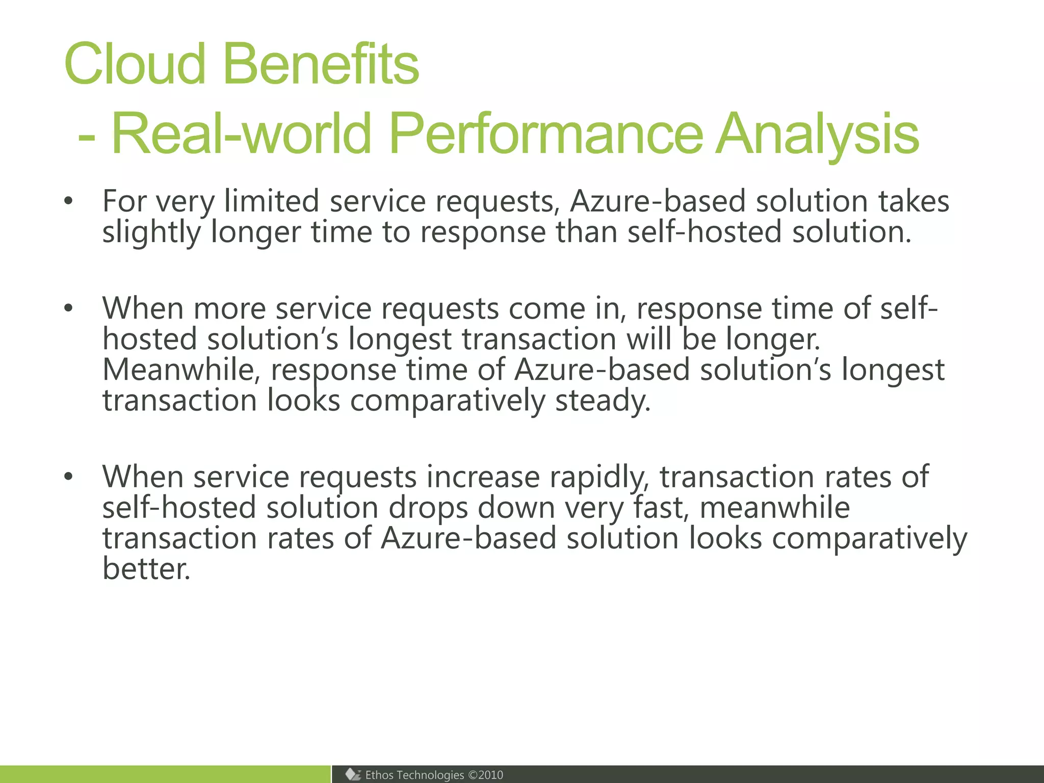 How to optimize for AzureSQL Azure Database Pricing (if app is not CPU bound)$9.99/month for 1 GB increases linearly to $499.95/month for 50 GBThis is the main cost driver for hosted solutions on AzureAzure Storage Pricing (Blobs/Queues/Tables)$0.15/GB stored/monthSuggested actions:Aggregate transactional data that you need to report laterMove data to Azure Table Storage or export to Azure BlobsThe Table service is designed for massive scalability and availability, supporting billions of entities and terabytes of data. It’s designed to support high volume, but smaller structured objects.