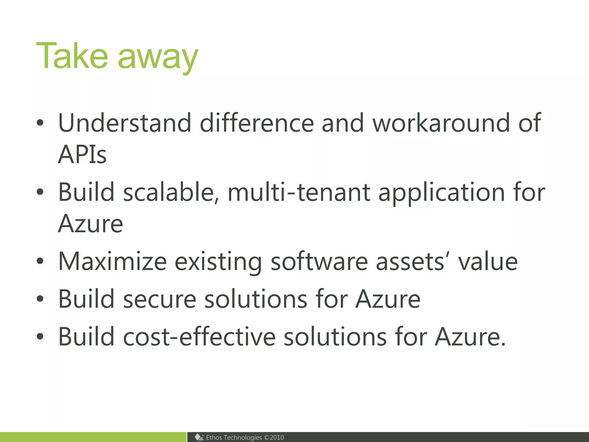 Cloud Benefits - Real-world Performance AnalysisFor very limited service requests, Azure-based solution takes slightly longer time to response than self-hosted solution.When more service requests come in, response time of self-hosted solution’s longest transaction will be longer. Meanwhile, response time of Azure-based solution’s longest transaction looks comparatively steady.When service requests increase rapidly, transaction rates of self-hosted solution drops down very fast, meanwhile transaction rates of Azure-based solution looks comparatively better.