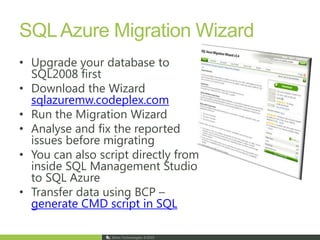 Existing software assetsLegacy system integration using AppFabric and connectorsComing soon: «Windows Azure Connect»With Windows Azure Connect, you can configure IPsec protected connections between computers or virtual machines (VMs) in your organization’s network, and roles running in Windows AzureMicrosoft Sync FrameworkVM Role