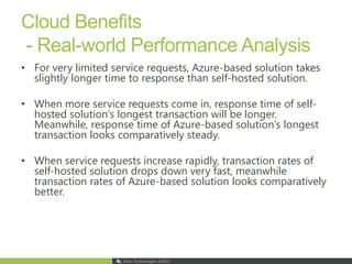 How to optimize for AzureSQL Azure Database Pricing (if app is not CPU bound)$9.99/month for 1 GB increases linearly to $499.95/month for 50 GBThis is the main cost driver for hosted solutions on AzureAzure Storage Pricing (Blobs/Queues/Tables)$0.15/GB stored/monthSuggested actions:Aggregate transactional data that you need to report laterMove data to Azure Table Storage or export to Azure BlobsThe Table service is designed for massive scalability and availability, supporting billions of entities and terabytes of data. It’s designed to support high volume, but smaller structured objects.