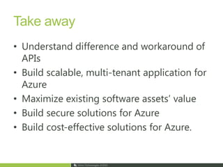 Cloud Benefits - Real-world Performance AnalysisFor very limited service requests, Azure-based solution takes slightly longer time to response than self-hosted solution.When more service requests come in, response time of self-hosted solution’s longest transaction will be longer. Meanwhile, response time of Azure-based solution’s longest transaction looks comparatively steady.When service requests increase rapidly, transaction rates of self-hosted solution drops down very fast, meanwhile transaction rates of Azure-based solution looks comparatively better.