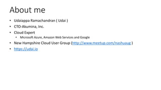 About me
• Udaiappa Ramachandran ( Udai )
• CTO-Akumina, Inc.
• Cloud Expert
• Microsoft Azure, Amazon Web Services and Google
• New Hampshire Cloud User Group (http://www.meetup.com/nashuaug )
• https://udai.io
 