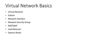 Virtual Network Basics
• Virtual Network
• Subnet
• Network Interface
• Network Security Group
• NAT/SNAT
• Load Balancer
...
