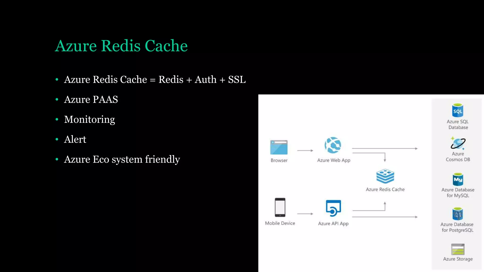 Azure Redis Cache
• Azure Redis Cache = Redis + Auth + SSL
• Azure PAAS
• Monitoring
• Alert
• Azure Eco system friendly
 