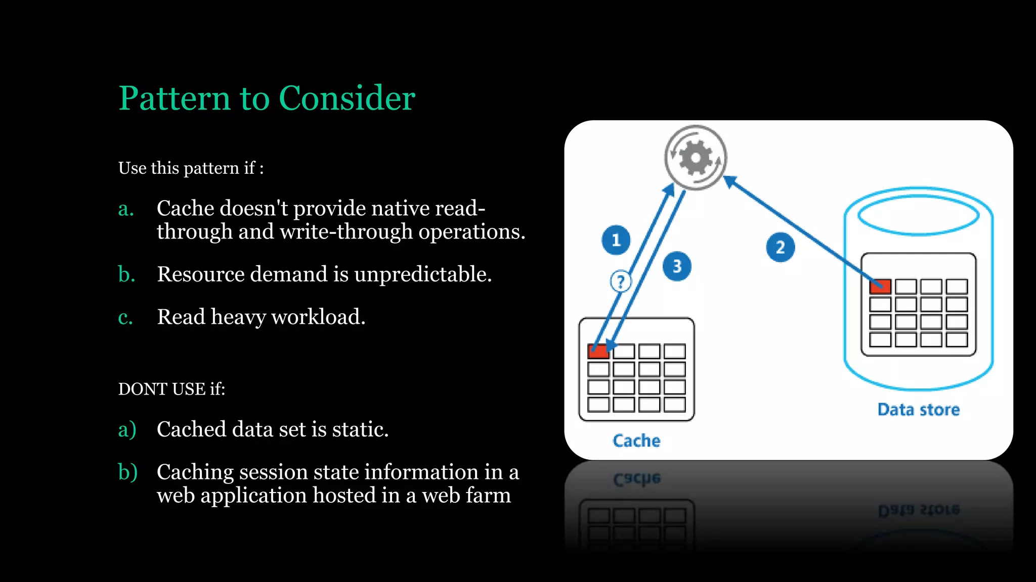 Pattern to Consider
Use this pattern if :
a. Cache doesn't provide native read-
through and write-through operations.
b. Resource demand is unpredictable.
c. Read heavy workload.
DONT USE if:
a) Cached data set is static.
b) Caching session state information in a
web application hosted in a web farm
 