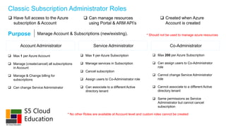 S5 Cloud
Education
Classic Subscription Administrator Roles
 Have full access to the Azure
subscription & Account
 Can manage resources
using Portal & ARM API’s
 Created when Azure
Account is created
Purpose Manage Account & Subscriptions (new/existing). * Should not be used to manage azure resources
Account Administrator Service Administrator Co-Administrator
 Max 1 per Azure Account
 Manage (create/cancel) all subscriptions
in Account
 Manage & Change billing for
subscriptions
 Can change Service Administrator
 Max 1 per Azure Subscription
 Manage services in Subscription
 Cancel subscription
 Assign users to Co-Administrator role
 Can associate to a different Active
directory tenant
 Max 200 per Azure Subscription
 Can assign users to Co-Administrator
role
 Cannot change Service Administrator
role
 Cannot associate to a different Active
directory tenant
 Same permissions as Service
Administrator but cannot cancel
subscription
* No other Roles are available at Account level and custom roles cannot be created
 