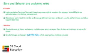 S5 Cloud
Education
Sara and Srikanth are assigning roles
Problem
 Implementation Services Team will have to access multiple services like storage, Virtual Machines,
administration, monitoring, management
 Operations team need to monitor and manage different services and even need to perform fixes and other
support activities
Solution
 Create Groups of Users and assign multiple roles which provides Data Actions and Actions at a specific
scope
 Create Groups and assign CUSTOM Roles which span across multiple services
 