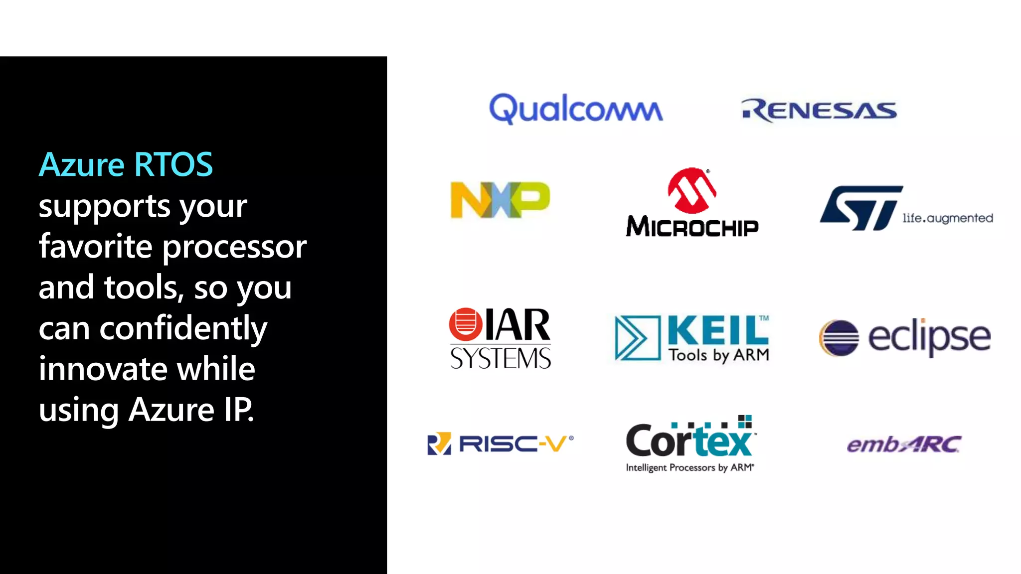 ©Microsoft Corporation
Azure
Azure RTOS
supports your
favorite processor
and tools, so you
can confidently
innovate while
using Azure IP.
 
