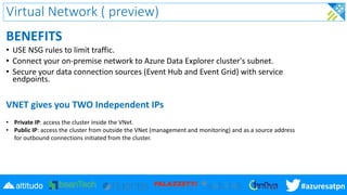 #azuresatpn
Virtual Network ( preview)
BENEFITS
• USE NSG rules to limit traffic.
• Connect your on-premise network to Azu...