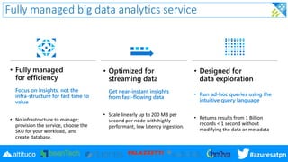#azuresatpn
Fully managed big data analytics service
• Fully managed
for efficiency
Focus on insights, not the
infra-struc...
