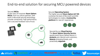 #azuresatpn
End-to-end solution for securing MCU powered devices
Secured MCUs
A new class of crossover Azure Sphere
MCUs, from our silicon partners, with
built-in Microsoft security technology
provide connectivity, high performance,
and a secured hardware root of trust.
Secured Operating System
The highly-secured Azure Sphere IoT OS
combines the best of Microsoft and OSS
technologies to create a trustworthy
platform for new IoT experiences.
Secured by our Cloud Service
The Azure Sphere Security Service
guards every Azure Sphere device; it
protects your devices and customers,
detects emerging threats, and
proactively responds.
 