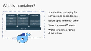 What	is	a	container?
Standardized	packaging	for	
so0ware	and	dependencies	
	Isolate	apps	from	each	other	
	Share	the	same	OS	kernel	
	Works	for	all	major	Linux 
distribuSons	
 