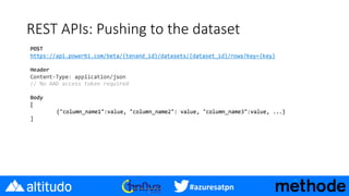 #azuresatpn
REST APIs: Pushing to the dataset
 