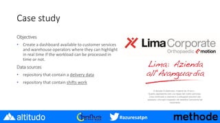 #azuresatpn
Case study
Objectives
• Create a dashboard available to customer services
and warehouse operators where they can highlight
in real time if the workload can be processed in
time or not.
Data sources
• repository that contain a delivery data
• repository that contain shifts work
 