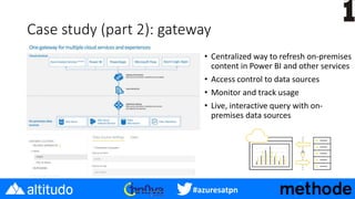 #azuresatpn
Case study (part 2): gateway
• Centralized way to refresh on-premises
content in Power BI and other services
• Access control to data sources
• Monitor and track usage
• Live, interactive query with on-
premises data sources
 