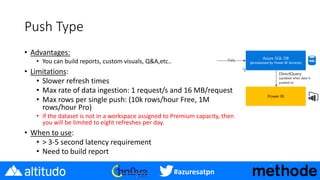 #azuresatpn
Push Type
• Advantages:
• You can build reports, custom visuals, Q&A,etc..
• Limitations:
• Slower refresh times
• Max rate of data ingestion: 1 request/s and 16 MB/request
• Max rows per single push: (10k rows/hour Free, 1M
rows/hour Pro)
• if the dataset is not in a workspace assigned to Premium capacity, then
you will be limited to eight refreshes per day.
• When to use:
• > 3-5 second latency requirement
• Need to build report
 