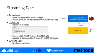 #azuresatpn
Streaming Type
• Advantages:
• Quick and dependable refresh rates (1s)
• Visuals optimized for real-time scenario(latest value, etc)
• Limitation:
• Limited set of visual:
• Cannot create report visual on top of the data
• Max rate of data ingestion: 5 request/s and 15 KB/request
• When to use:
• Need up-to-date data
 