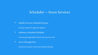 Scheduler – Azure Services
• MobileServicesScheduledScripts
Executascriptsderegrasdenegócio
• WebsitesScheduled WebJobs
Executajobs agendadasdentrodocontextoweb
• AzureManagement
Gerenciarserviçoscomoautoscalingebackup
 