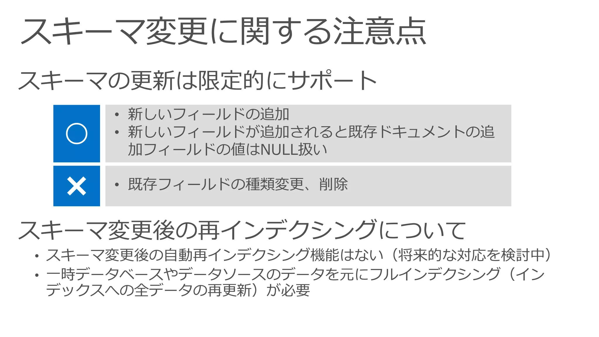 スキーマ変更に関する注意点
スキーマの更新は限定的にサポート
〇
✖
• 新しいフィールドの追加
• 新しいフィールドが追加されると既存ドキュメントの追
加フィールドの値はNULL扱い
• 既存フィールドの種類変更、削除
 