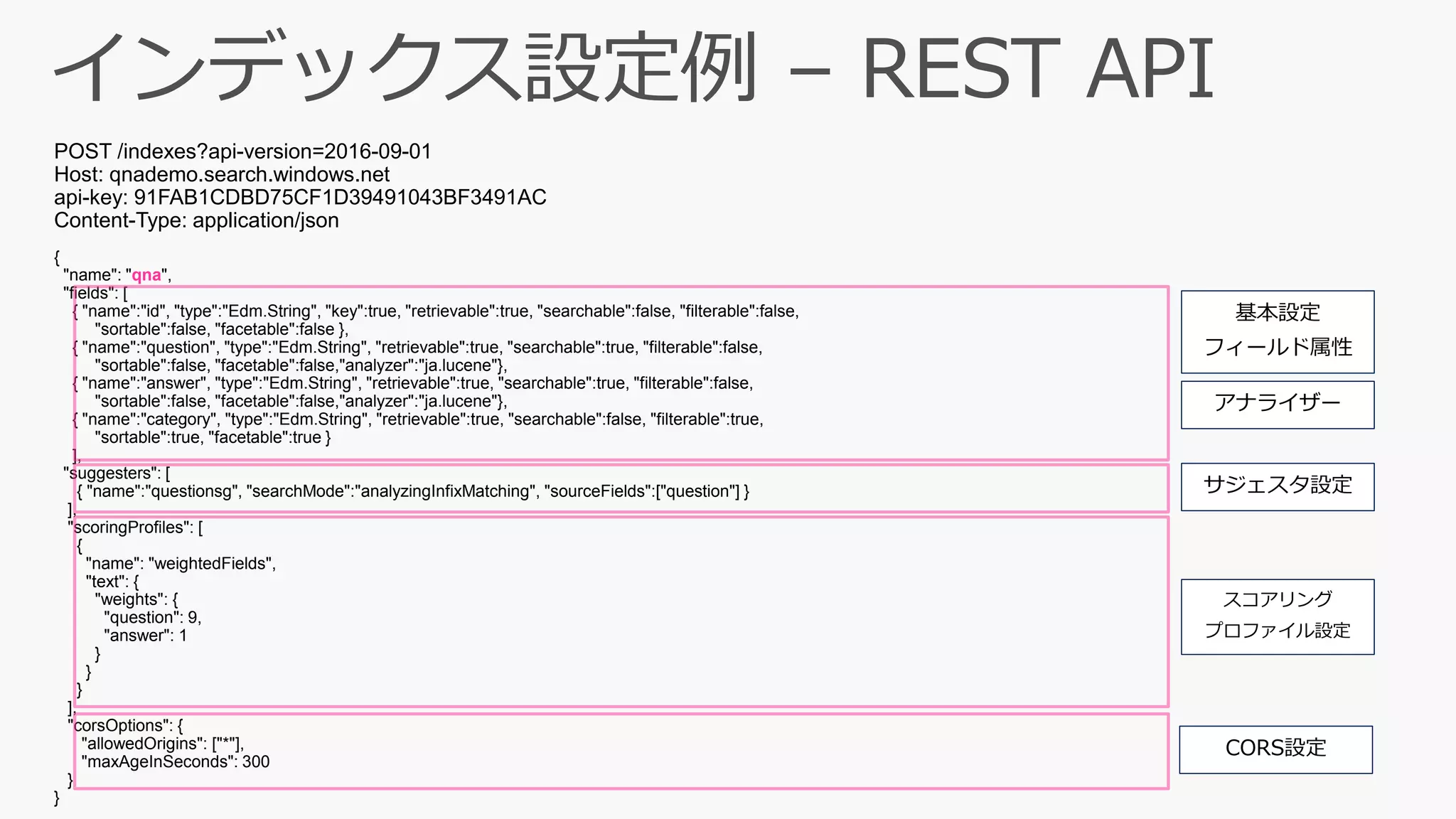 POST /indexes?api-version=2016-09-01
Host: qnademo.search.windows.net
api-key: 91FAB1CDBD75CF1D39491043BF3491AC
Content-Type: application/json
{
"name": "qna",
"fields": [
{ "name":"id", "type":"Edm.String", "key":true, "retrievable":true, "searchable":false, "filterable":false,
"sortable":false, "facetable":false },
{ "name":"question", "type":"Edm.String", "retrievable":true, "searchable":true, "filterable":false,
"sortable":false, "facetable":false,"analyzer":"ja.lucene"},
{ "name":"answer", "type":"Edm.String", "retrievable":true, "searchable":true, "filterable":false,
"sortable":false, "facetable":false,"analyzer":"ja.lucene"},
{ "name":"category", "type":"Edm.String", "retrievable":true, "searchable":false, "filterable":true,
"sortable":true, "facetable":true }
],
"suggesters": [
{ "name":"questionsg", "searchMode":"analyzingInfixMatching", "sourceFields":["question"] }
],
"scoringProfiles": [
{
"name": "weightedFields",
"text": {
"weights": {
"question": 9,
"answer": 1
}
}
}
],
"corsOptions": {
"allowedOrigins": ["*"],
"maxAgeInSeconds": 300
}
}
基本設定
フィールド属性
アナライザー
サジェスタ設定
CORS設定
スコアリング
プロファイル設定
 