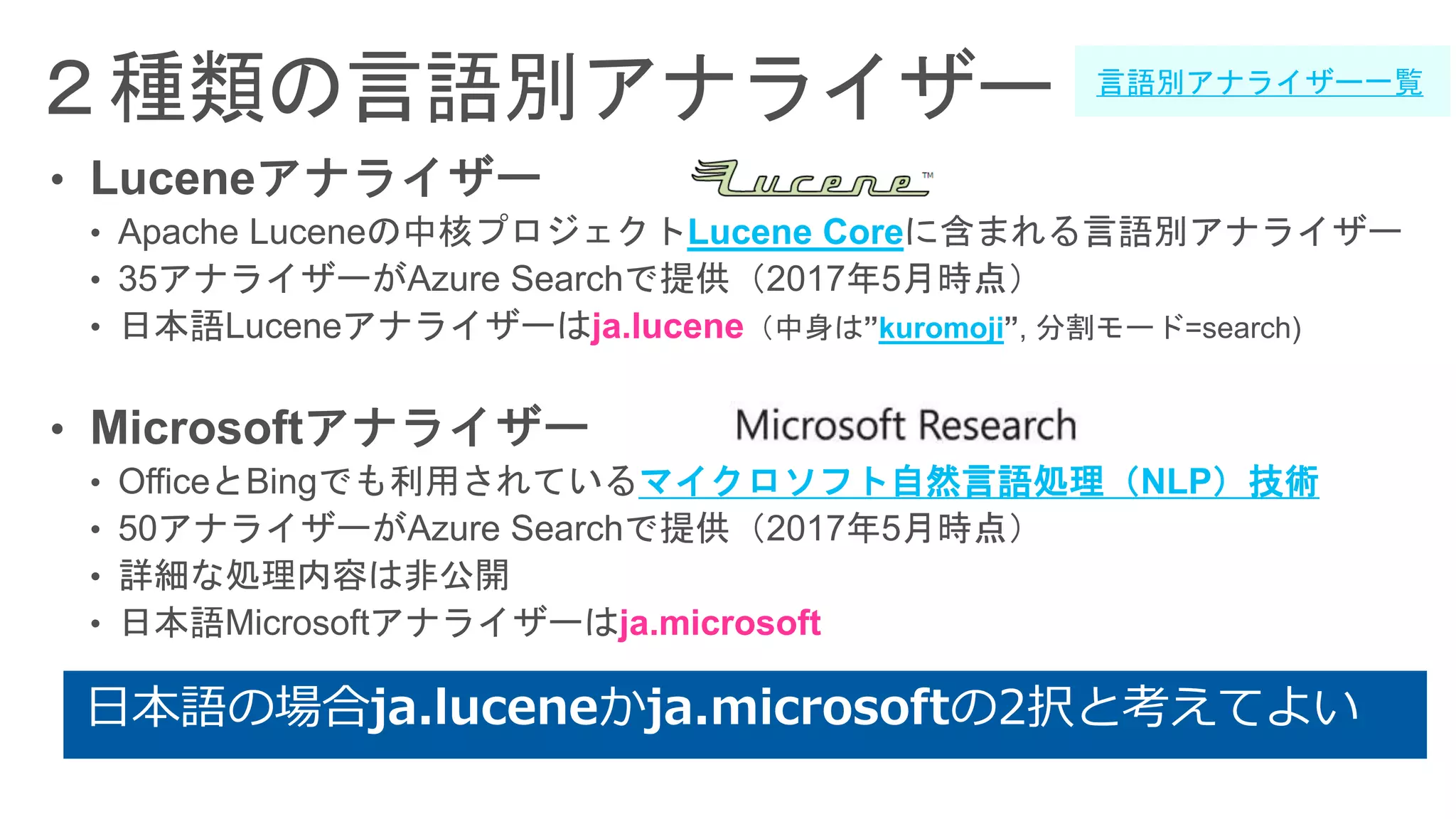 マイクロソフト自然言語処理（NLP）技術
ja.microsoft
Lucene Core
ja.lucene kuromoji
言語別アナライザー一覧
日本語の場合ja.luceneかja.microsoftの2択と考えてよい
 
