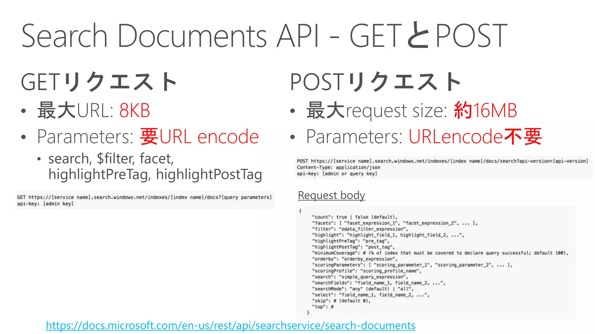 https://docs.microsoft.com/en-us/rest/api/searchservice/search-documents
8KB
要URL encode
約16MB
URLencode不要
 
