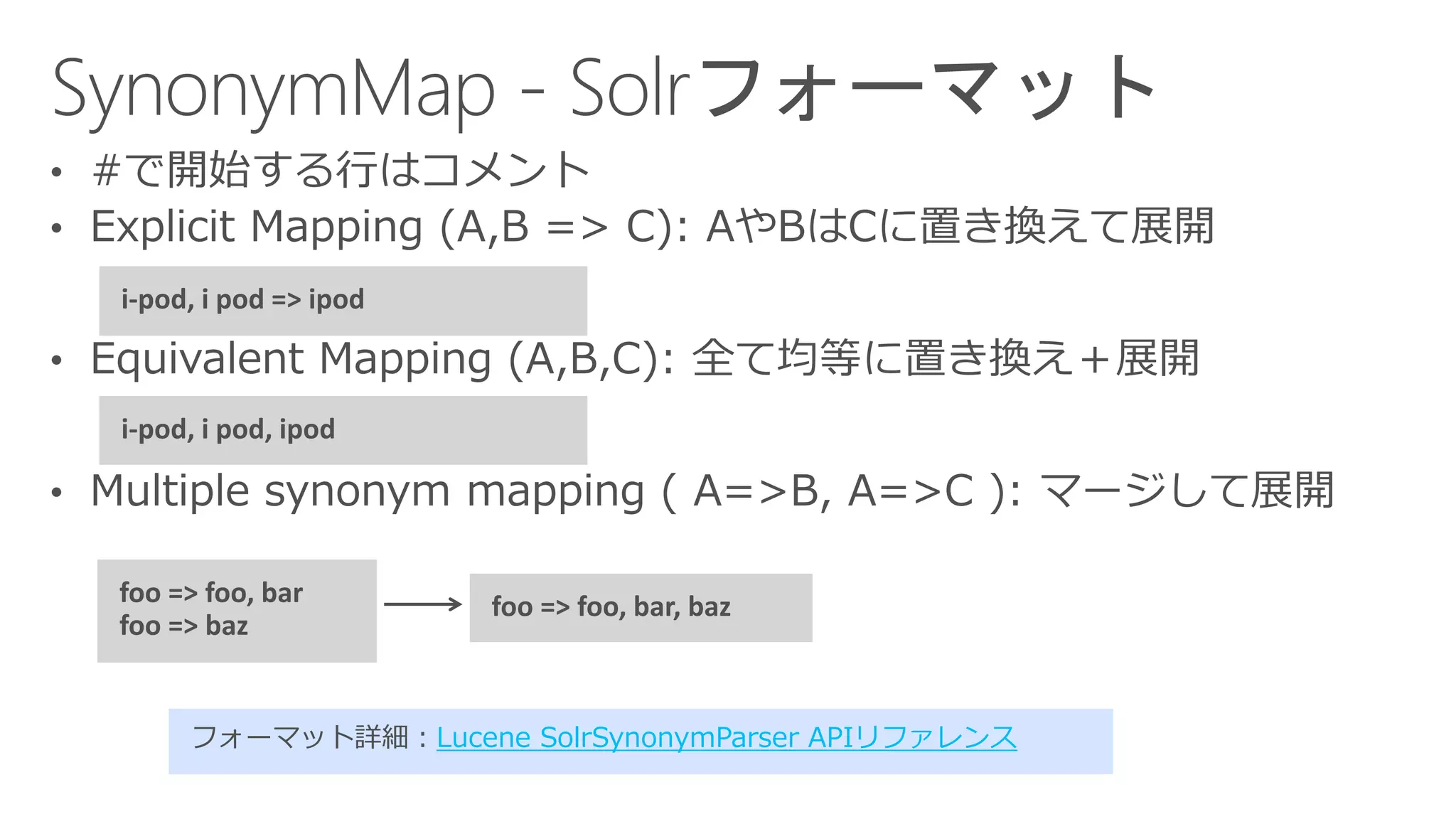 フォーマット詳細：Lucene SolrSynonymParser APIリファレンス
i-pod, i pod => ipod
i-pod, i pod, ipod
foo => foo, bar
foo => baz
foo => foo, bar, baz
 