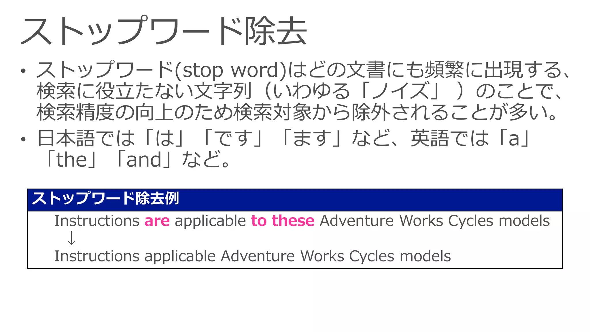 ストップワード除去例
Instructions are applicable to these Adventure Works Cycles models
↓
Instructions applicable Adventure Works Cycles models
 