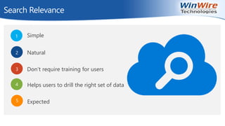 Search Relevance
Simple
Natural
Don’t require training for users
Helps users to drill the right set of data
Expected
 