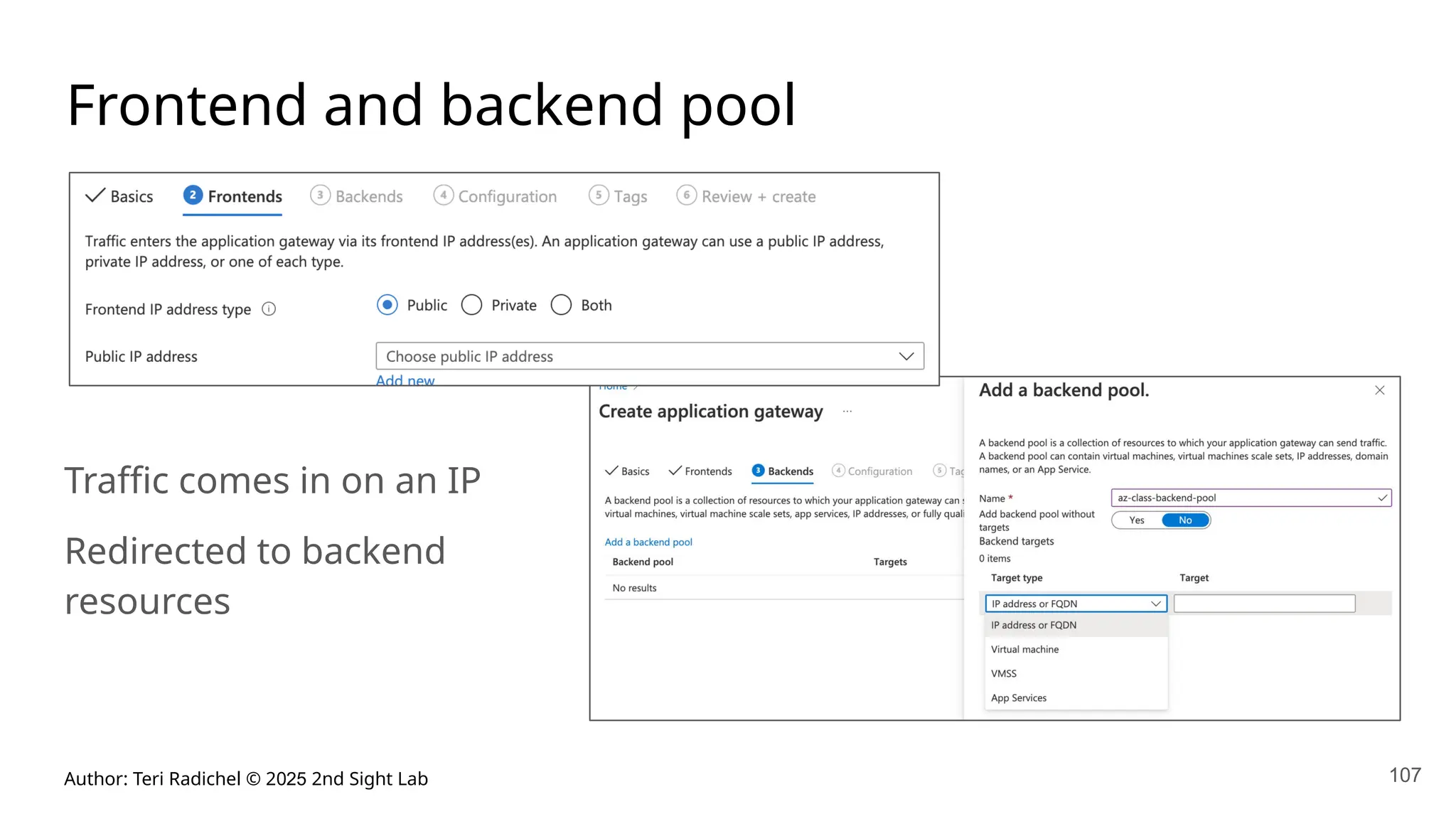 Author: Teri Radichel © 2025 2nd Sight Lab 107
Frontend and backend pool
Traffic comes in on an IP
Redirected to backend
resources
 