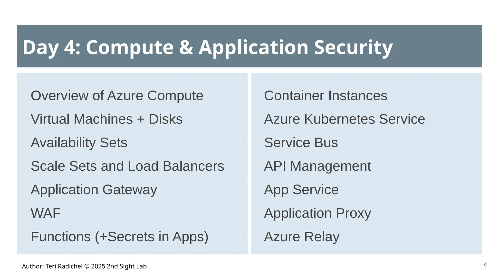 Author: Teri Radichel © 2025 2nd Sight Lab 4
Day 4: Compute & Application Security
Overview of Azure Compute
Virtual Machines + Disks
Availability Sets
Scale Sets and Load Balancers
Application Gateway
WAF
Functions (+Secrets in Apps)
Container Instances
Azure Kubernetes Service
Service Bus
API Management
App Service
Application Proxy
Azure Relay
 