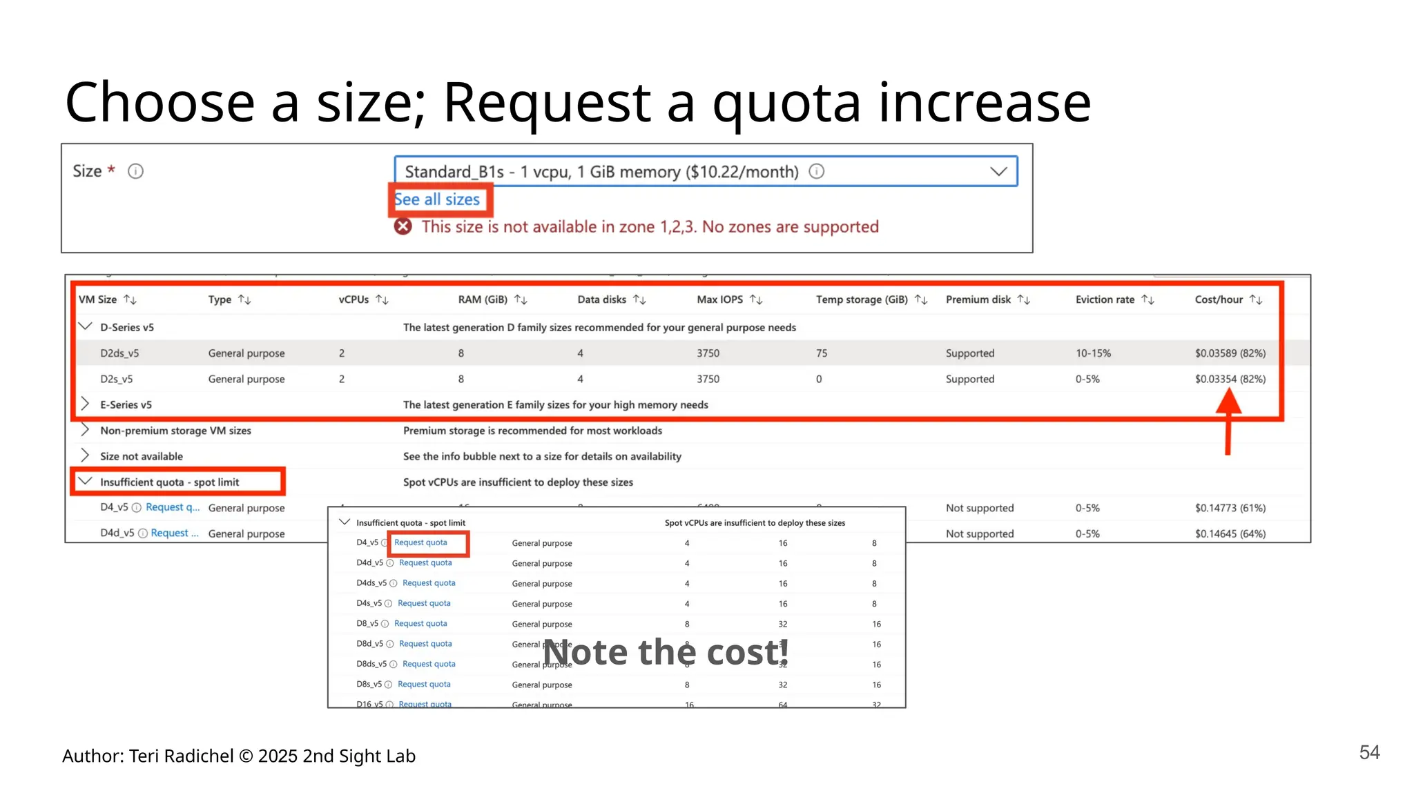Author: Teri Radichel © 2025 2nd Sight Lab 54
Choose a size; Request a quota increase
Note the cost!
 