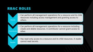 RBAC ROLES
Owner
• Can perform all management operations for a resource and its child
resources including access management and granting access to
others.
Contributor
• Can perform all management operations for a resource including
create and delete resources. A contributor cannot grant access to
other.
Reader
• Has read-only access to a resource and its child resources. A reader
cannot read secrets.
 