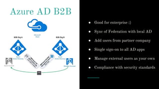 Azure AD B2B
● Good for enterprise :)
● Sync of Federation with local AD
● Add users from partner company
● Single sign-on to all AD apps
● Manage external users as your own
● Compliance with security standards
 