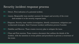 Security incident response process
01 | Detect. First indication of a potential incident.
02 | Assess. Responsible team member assesses the impact and severity of the event
And escalate it to the security response team.
03 | Diagnose. Security team conduct investigation, identify containment, mitigation and
workaround strategies. Start Customer incident notification process if needed.
04 | Stabilize and Recover. Team creates recovery plan to mitigate the issue.
05 | Close and Post-mortem. Team creates a document that outlines the details of the
incident, with the intention to revise policies and procedures to prevent a recurrence of
the event.
 