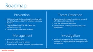 Roadmap
• Ongoing security research resulting in new and
refined detection algorithms
• Linux VM behavioral detections
• Geo expansion - Europe, Australia, and Azure
Government
• Additional dashboards and actionable security
incidents to simplify/expedite investigation and
remediation
• Additional integrated security partners along with
the ability to connect partner solutions previously
deployed
• Expanded baselines (VM, SQL, Web) and
application controls
• Parity across Windows and Linux VMs
• Expanded security roles
• Enterprise-wide security policies
• More granular policies, including custom baselines
Microsoft Confidential
 
