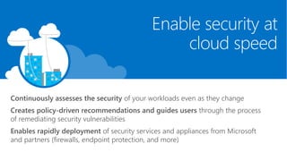 Enable security at
cloud speed
Continuously assesses the security of your workloads even as they change
Creates policy-driven recommendations and guides users through the process
of remediating security vulnerabilities
Enables rapidly deployment of security services and appliances from Microsoft
and partners (firewalls, endpoint protection, and more)
 